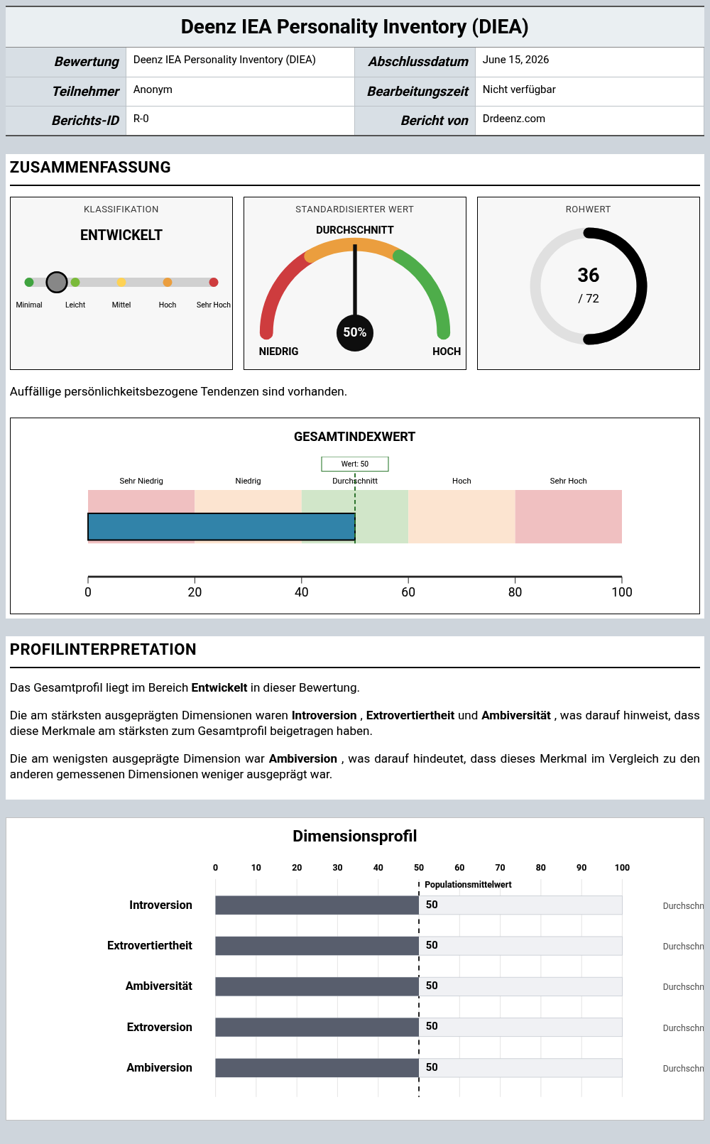 Deenz IEA Personality Inventory (DIEA)Beispielbericht mit Erläuterung der Punktwerte und Profilergebnissen