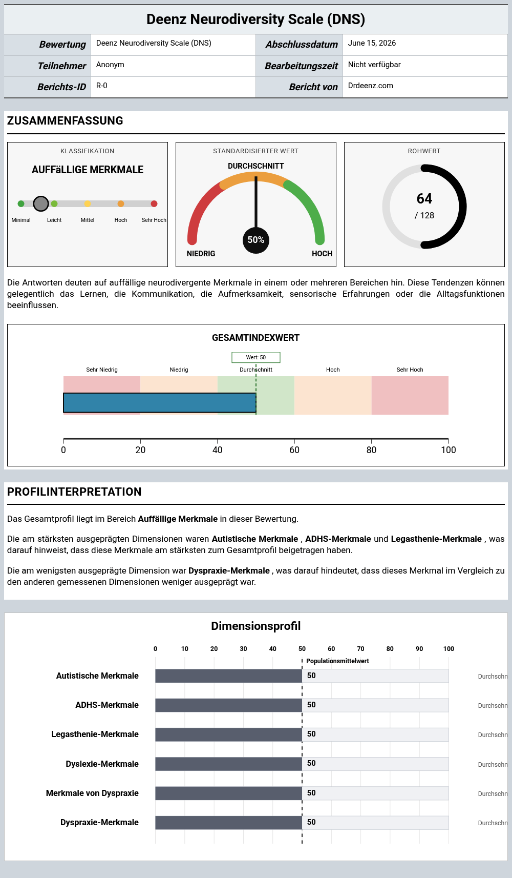 Deenz Neurodiversity Scale (DNS)Beispielbericht mit Erläuterung der Punktwerte und Profilergebnissen