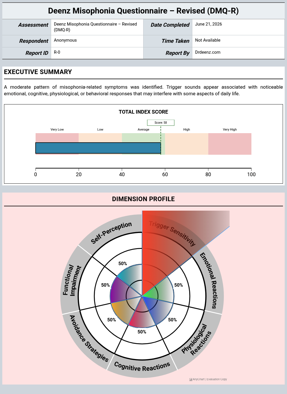 Questionario Deenz sulla Misofonia – (DMQ-R)Esempio di rapporto che illustra l'interpretazione del punteggio e i risultati del profilo