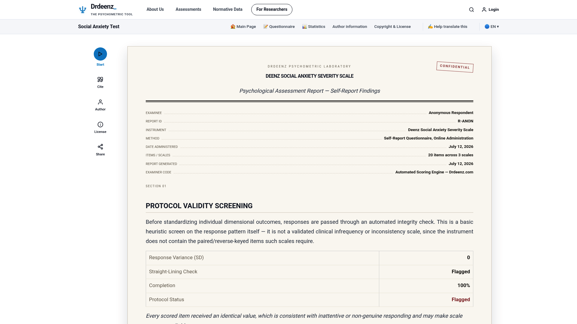 Deenz Social Anxiety Severity Scalereport example showing score interpretation and profile results