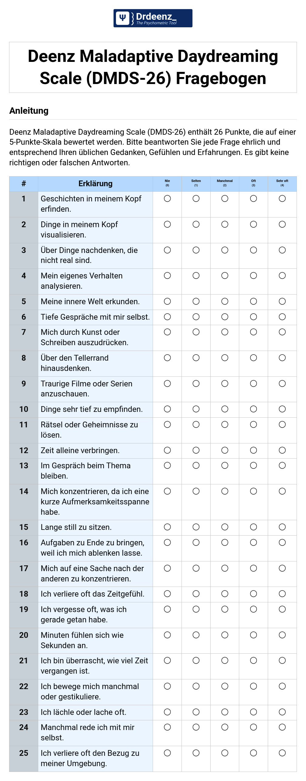 Deenz Maladaptive Daydreaming Scale (DMDS-26) Fragebogen (PDF)