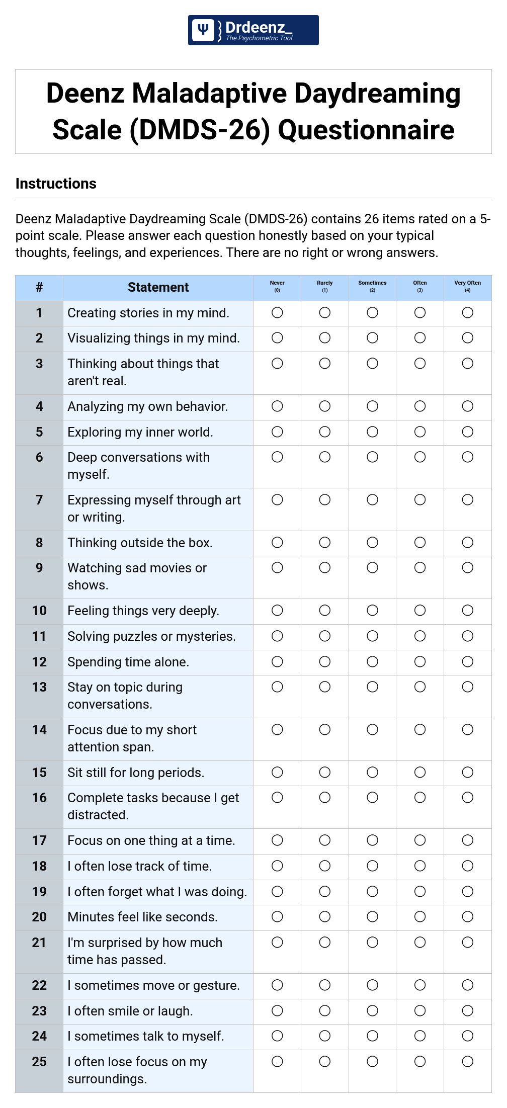 Deenz Maladaptive Daydreaming Scale (DMDS-26) Questionnaire PDF