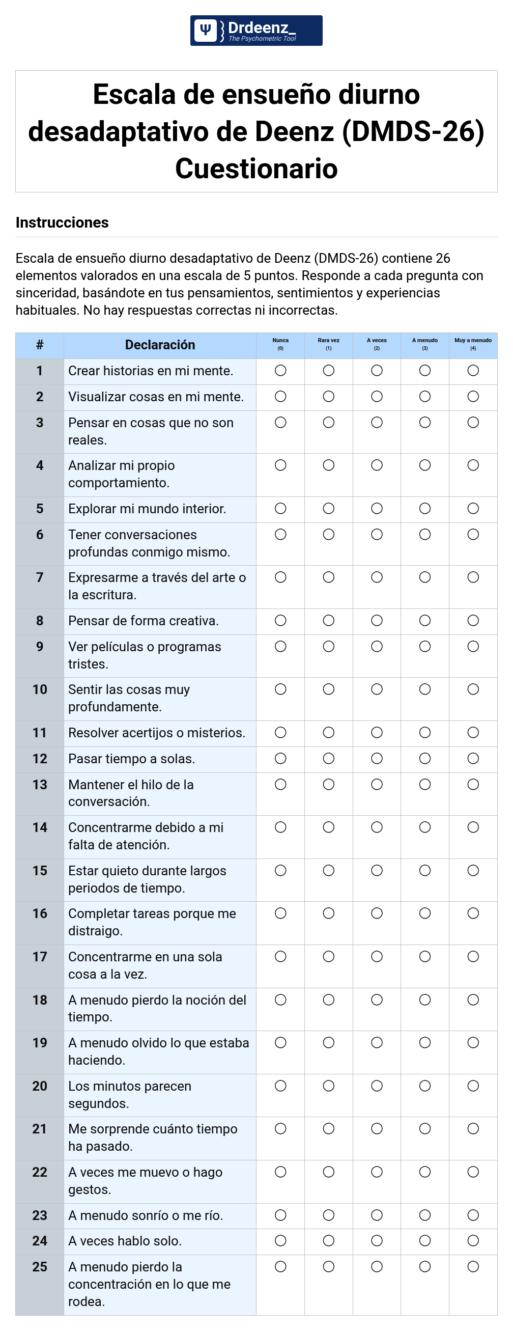 Escala de ensueño diurno desadaptativo de Deenz (DMDS-26) Cuestionario en PDF