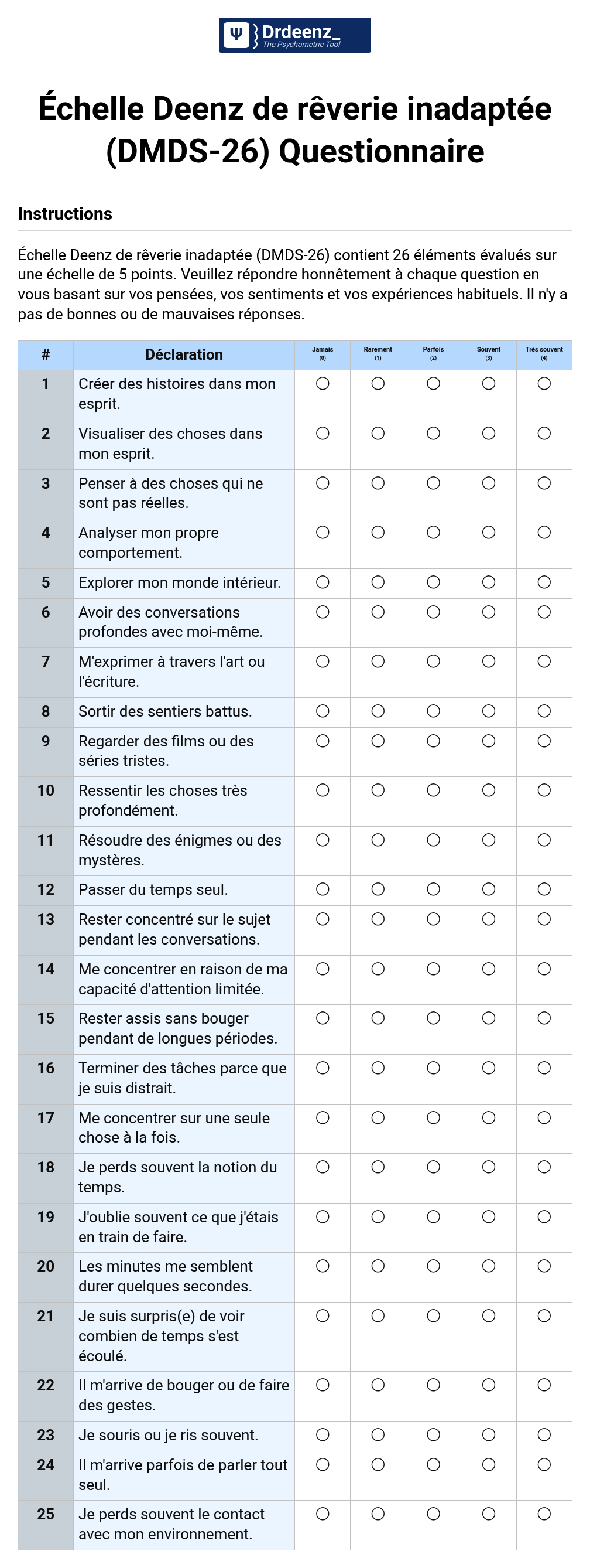 Échelle Deenz de rêverie inadaptée (DMDS-26) Questionnaire au format PDF