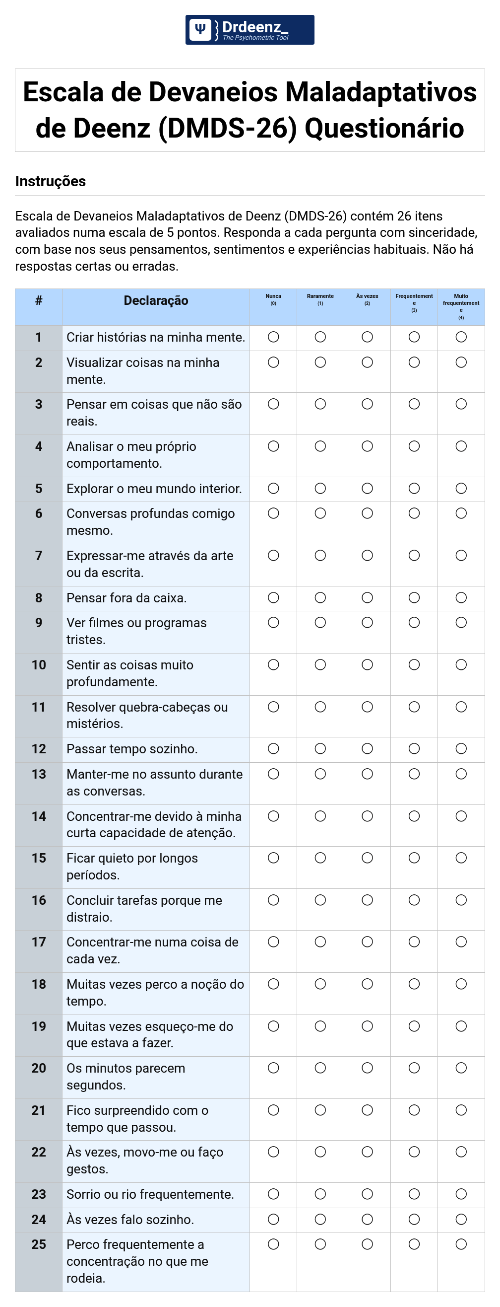 Escala de Devaneios Maladaptativos de Deenz (DMDS-26) Questionário em PDF