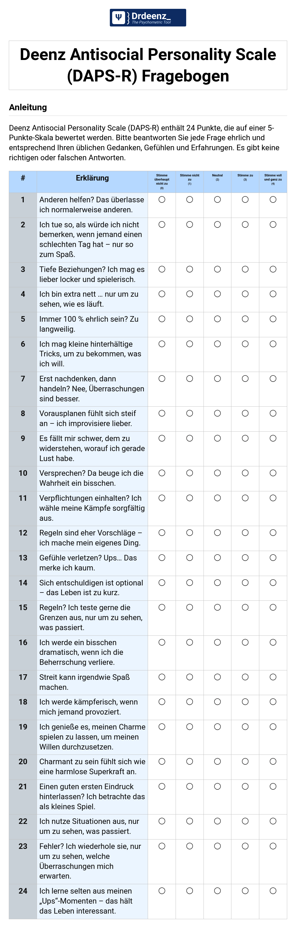 Deenz Antisocial Personality Scale (DAPS-R) Fragebogen (PDF)