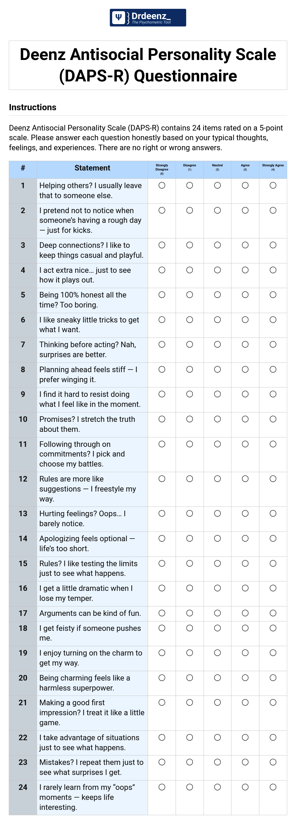 Deenz Antisocial Personality Scale (DAPS-R) Questionnaire PDF