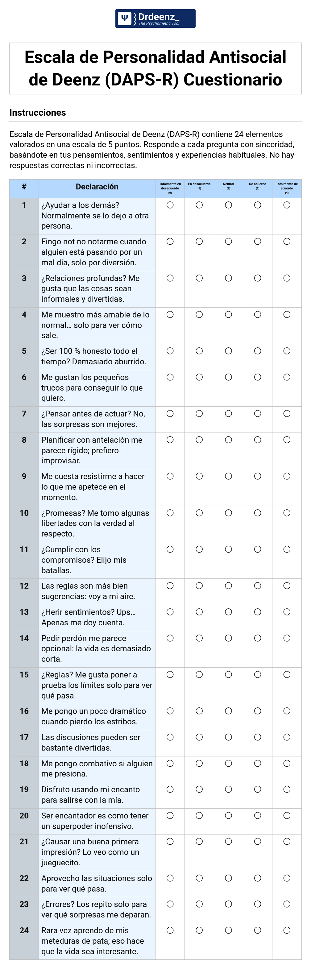 Escala de Personalidad Antisocial de Deenz (DAPS-R) Cuestionario en PDF