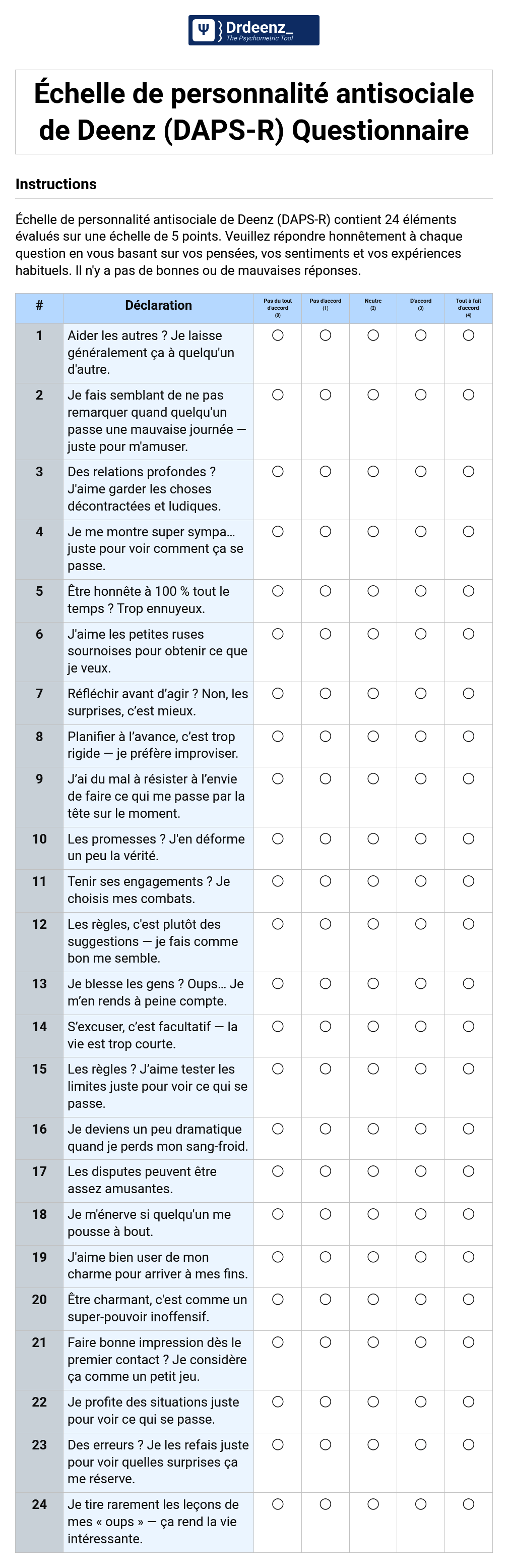 Échelle de personnalité antisociale de Deenz (DAPS-R) Questionnaire au format PDF
