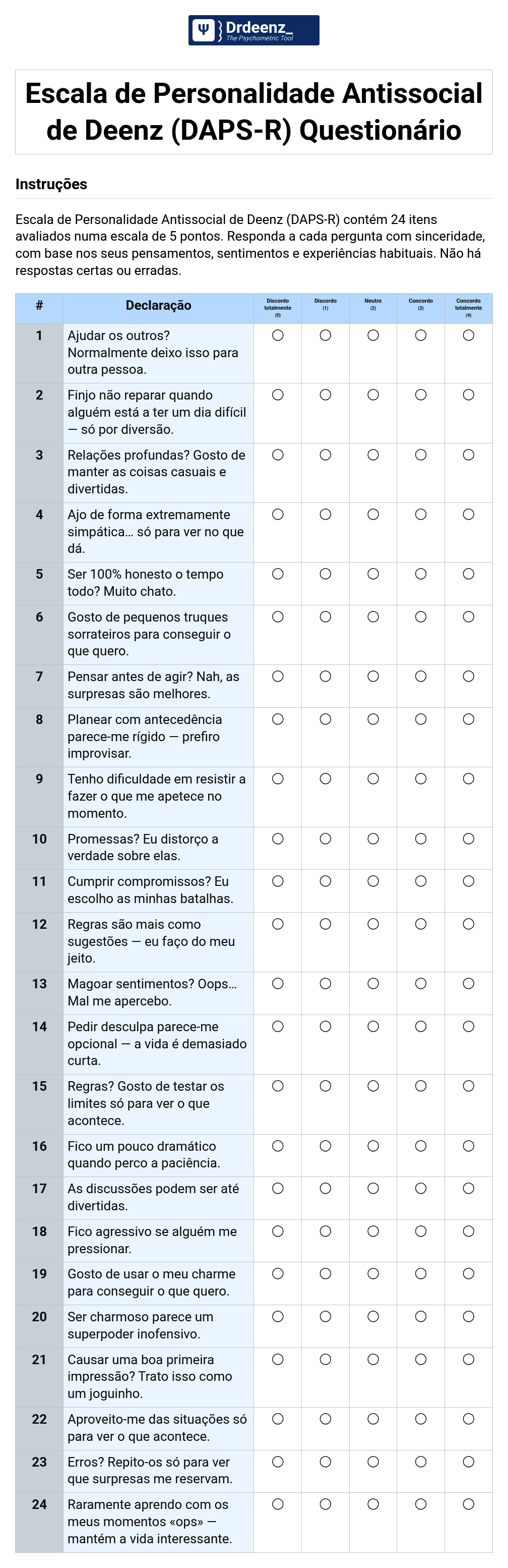 Escala de Personalidade Antissocial de Deenz (DAPS-R) Questionário em PDF