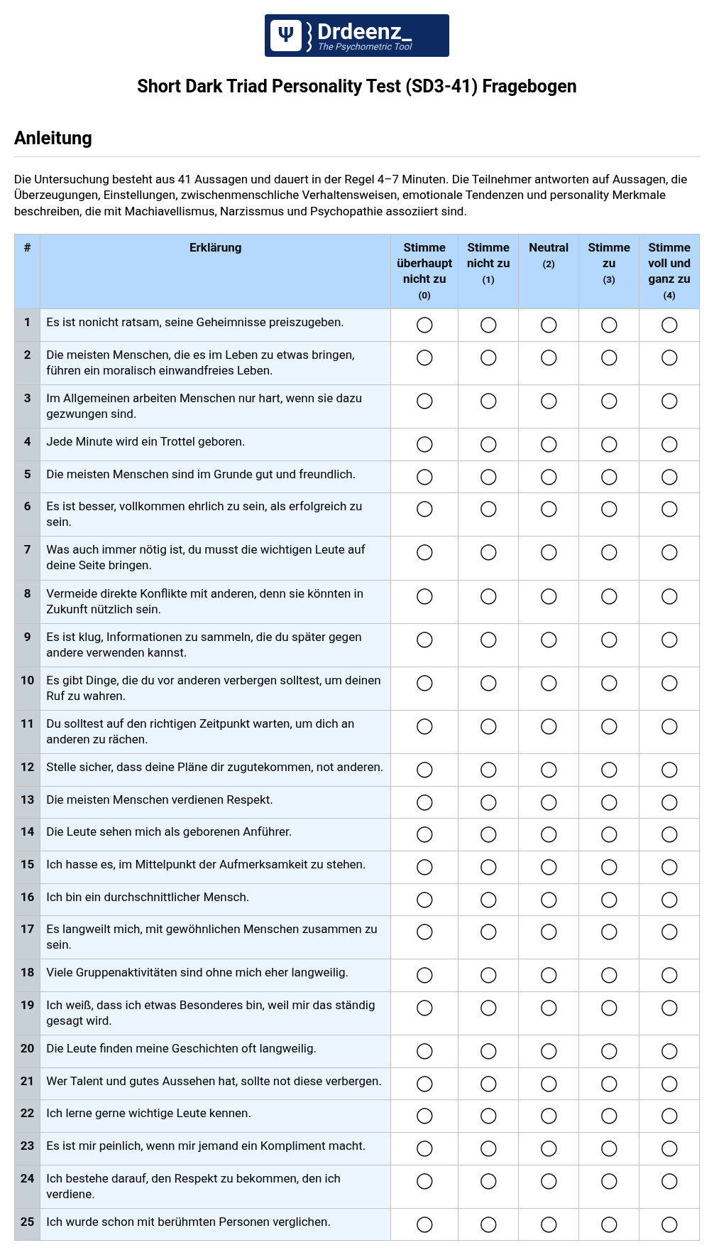 Short Dark Triad Personality Test (SD3-41) Fragebogen (PDF)