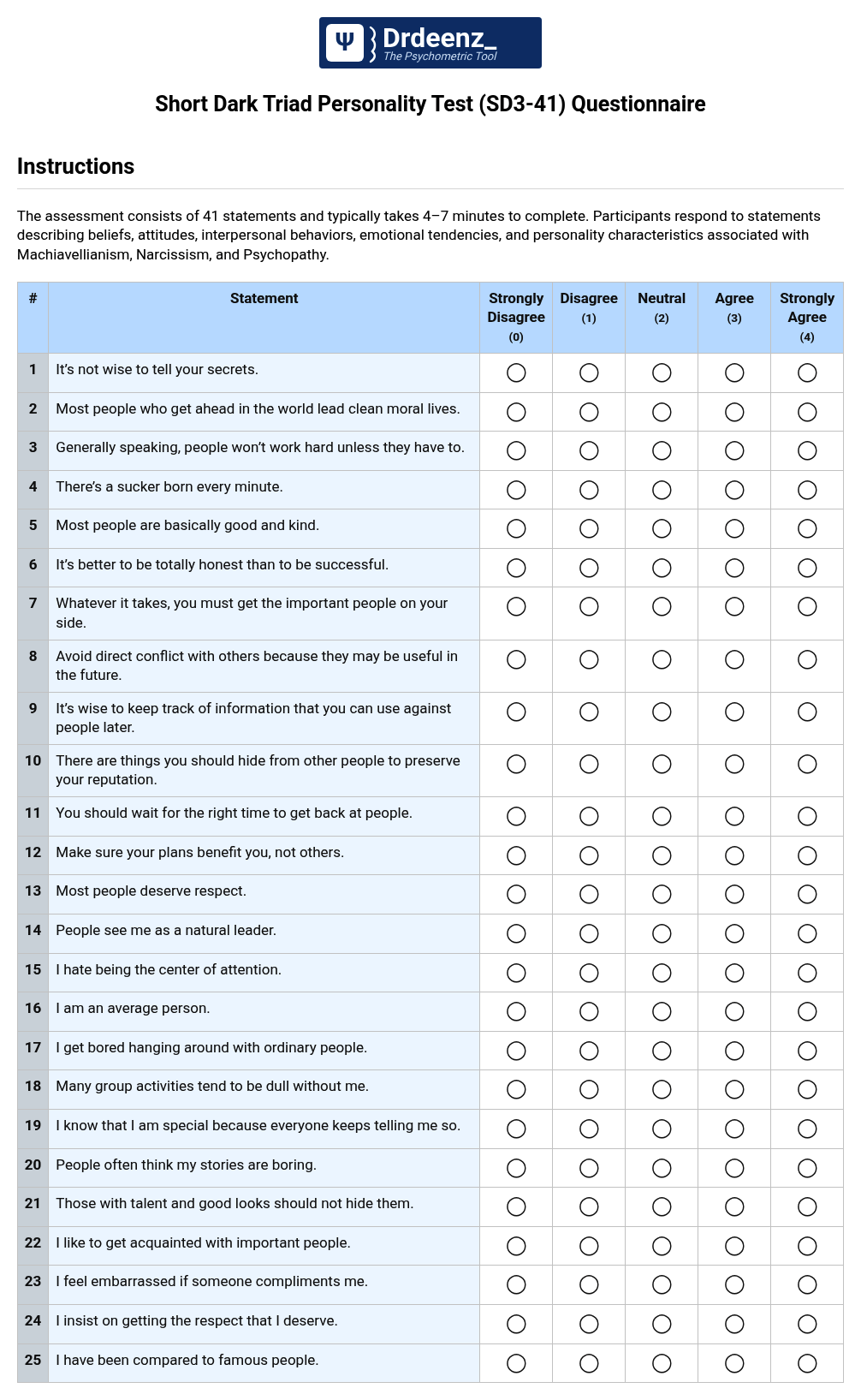 Short Dark Triad Personality Test (SD3-41) Questionnaire PDF