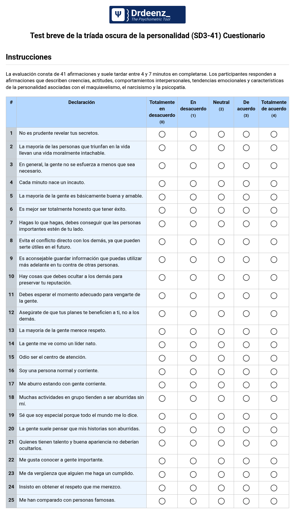 Test breve de la tríada oscura de la personalidad (SD3-41) Cuestionario en PDF
