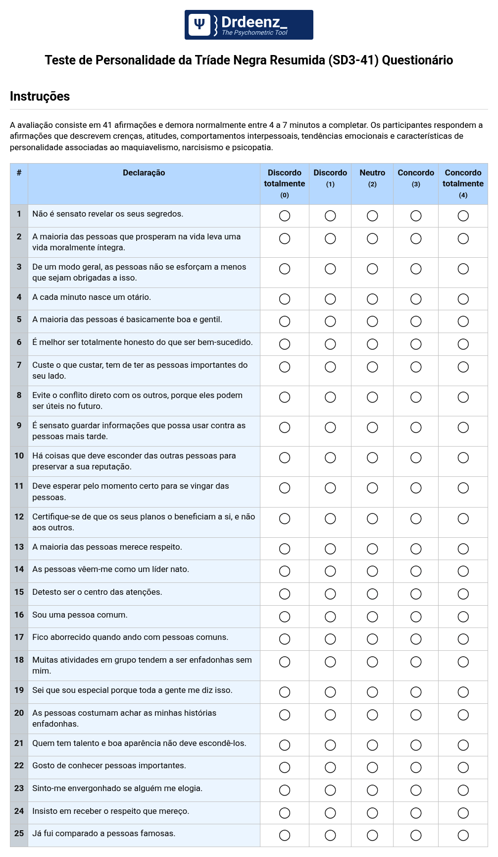 Teste de Personalidade da Tríade Negra Resumida (SD3-41) Questionário em PDF
