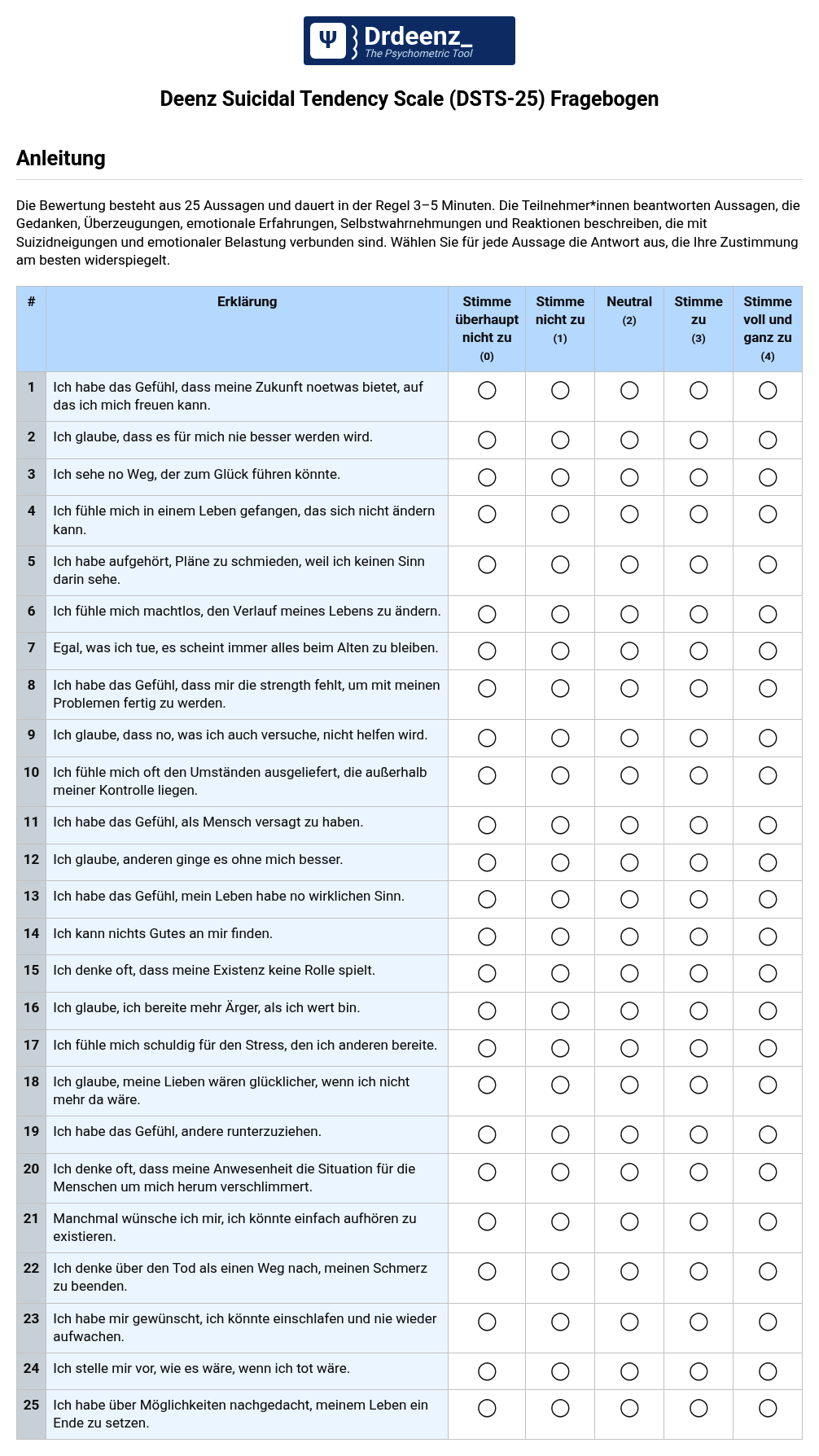 Deenz Suicidal Tendency Scale (DSTS-25) Fragebogen (PDF)
