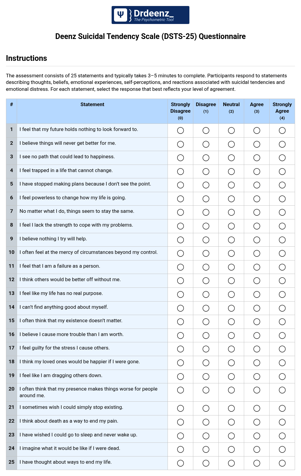 Deenz Suicidal Tendency Scale (DSTS-25) Questionnaire PDF