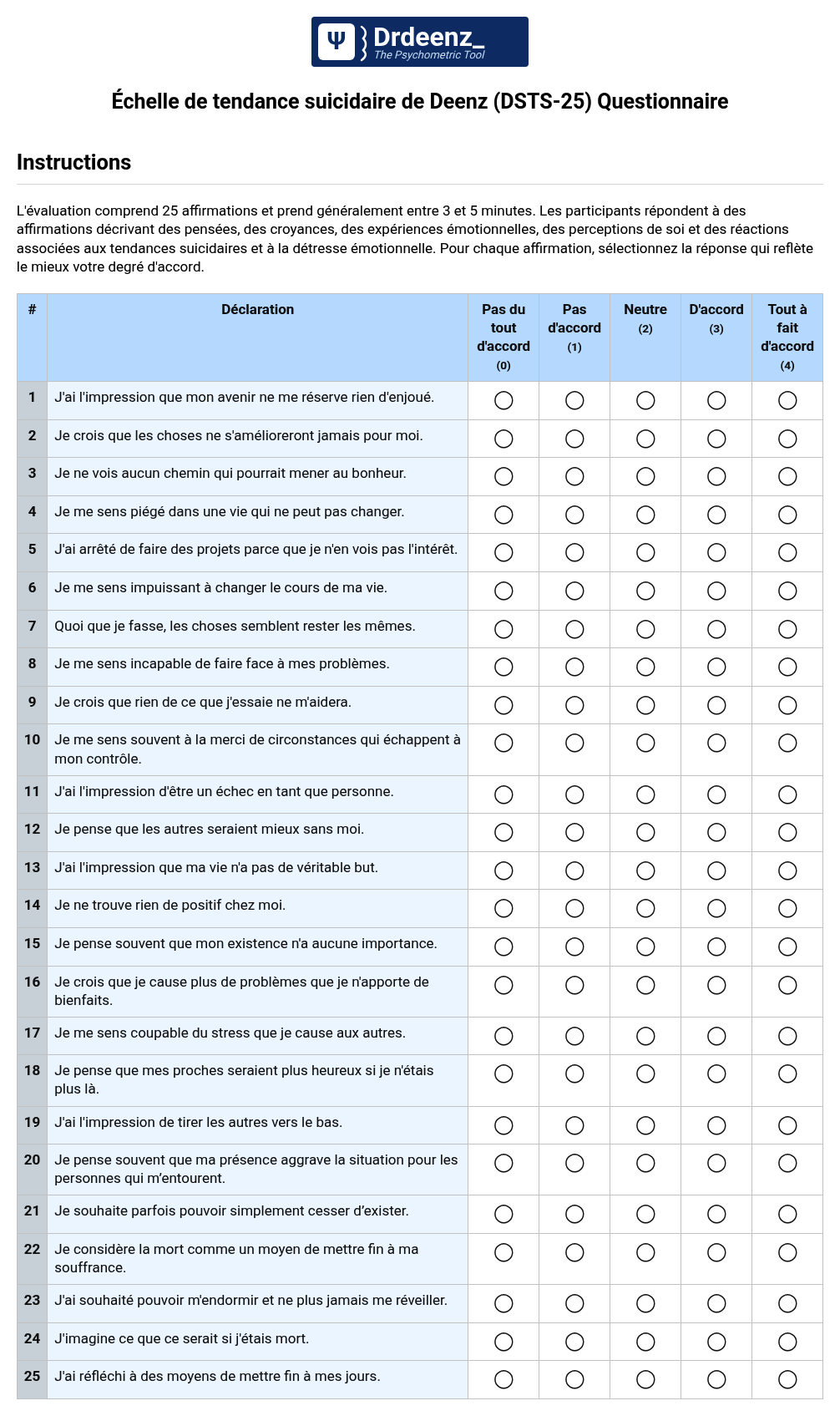 Échelle de tendance suicidaire de Deenz (DSTS-25) Questionnaire au format PDF