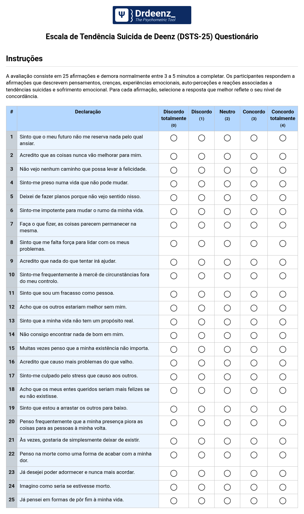 Escala de Tendência Suicida de Deenz (DSTS-25) Questionário em PDF