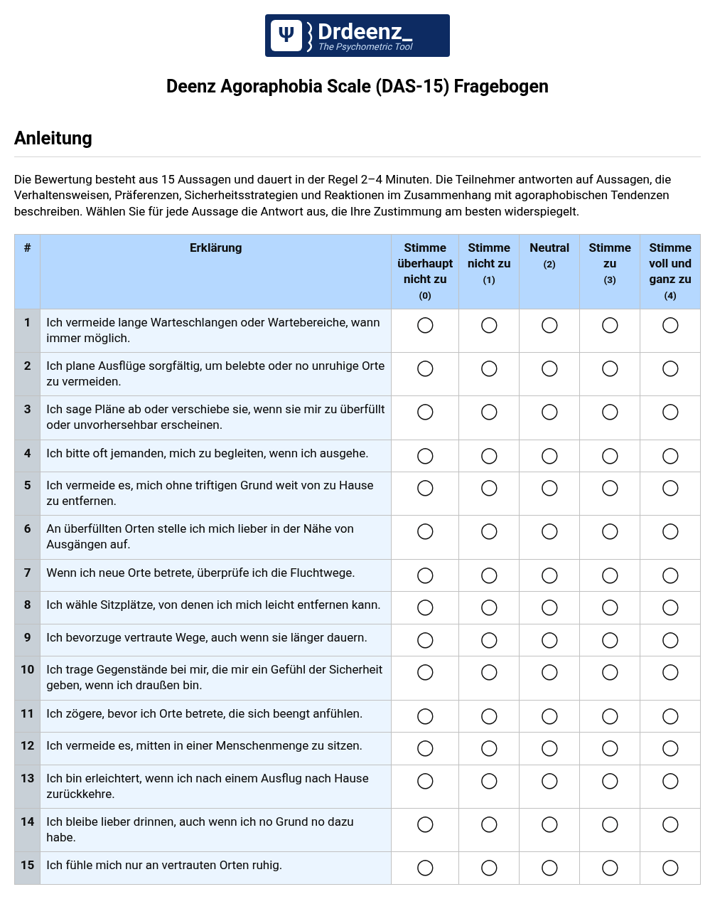 Deenz Agoraphobia Scale (DAS-15) Fragebogen (PDF)