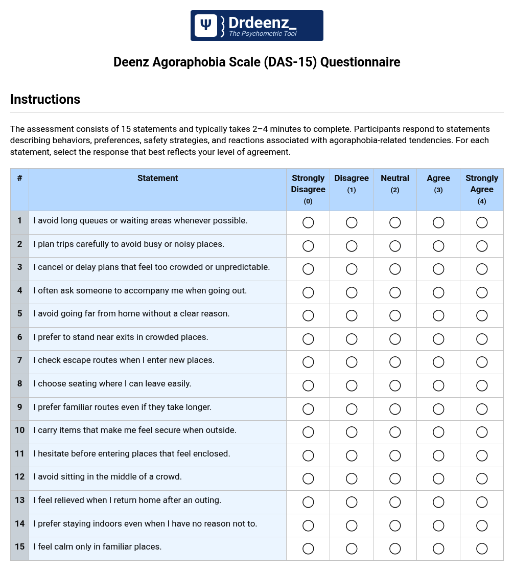 Deenz Agoraphobia Scale (DAS-15) Questionnaire PDF