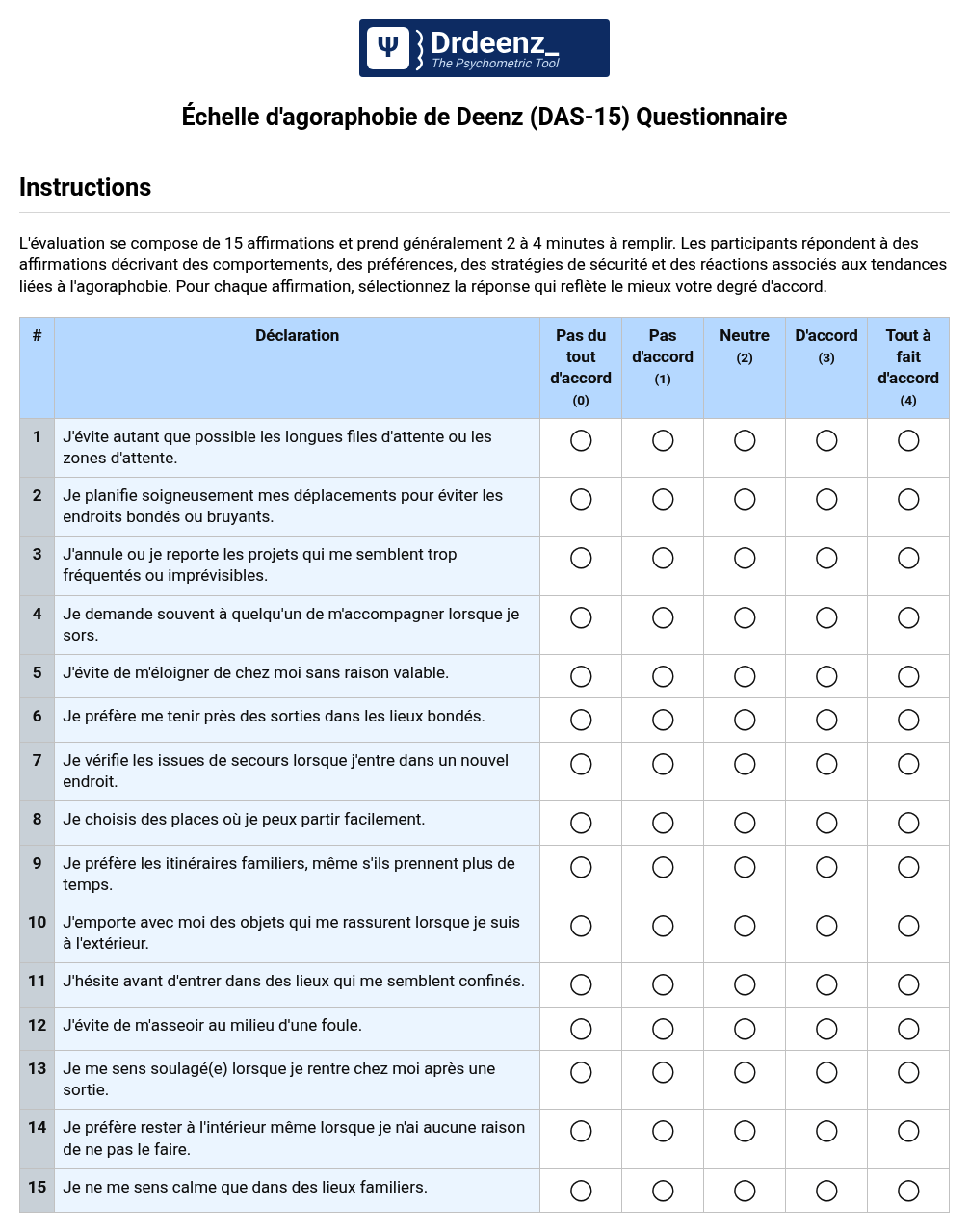 Échelle d'agoraphobie de Deenz (DAS-15) Questionnaire au format PDF