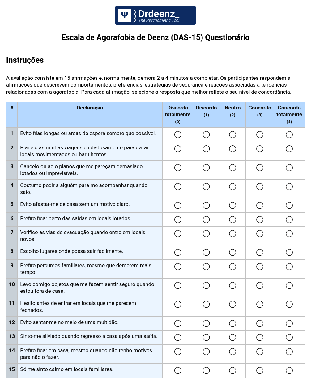 Escala de Agorafobia de Deenz (DAS-15) Questionário em PDF