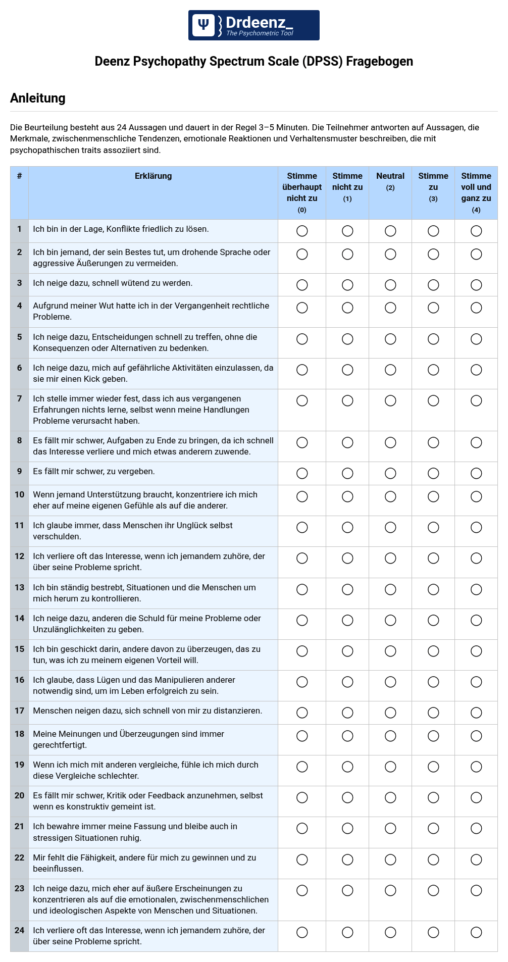 Deenz Psychopathy Spectrum Scale (DPSS) Fragebogen (PDF)