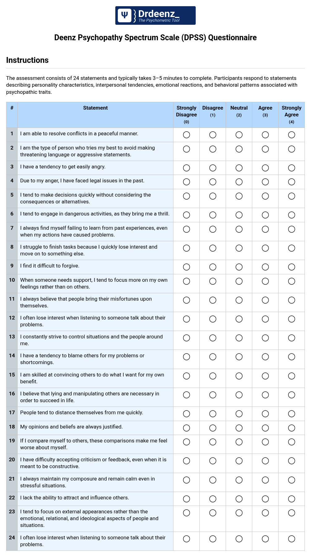 Deenz Psychopathy Spectrum Scale (DPSS) Questionnaire PDF