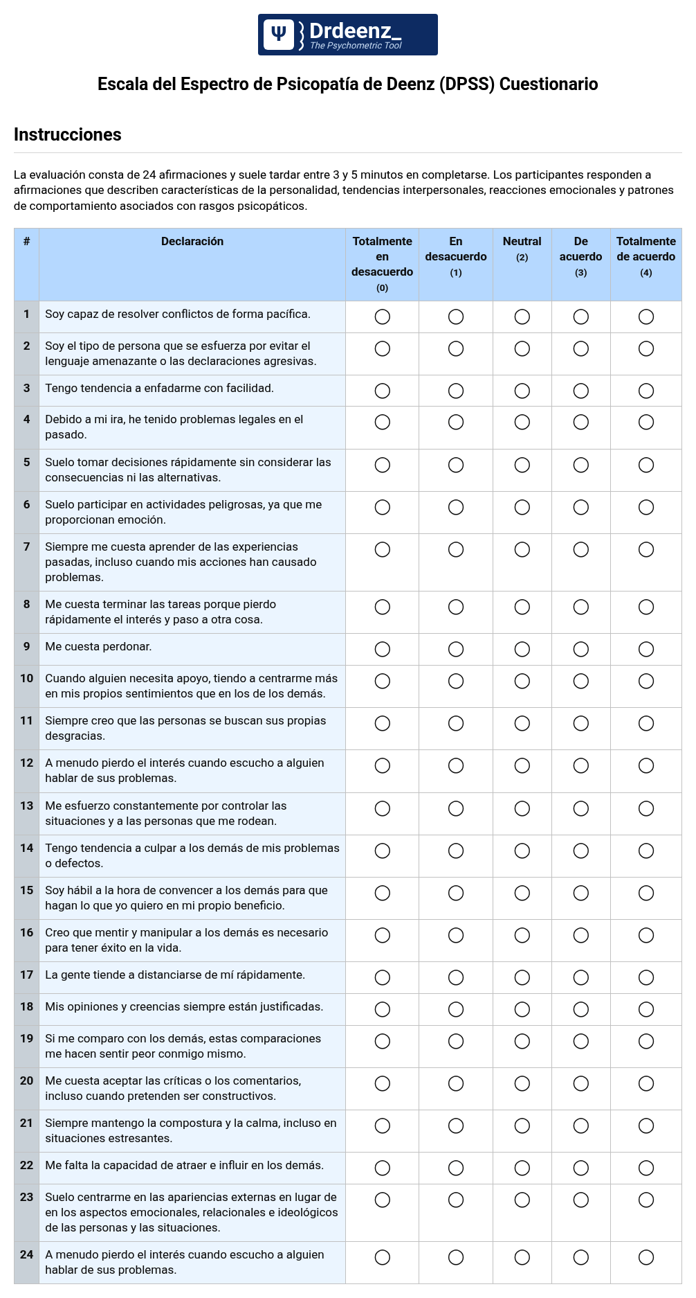 Escala del Espectro de Psicopatía de Deenz (DPSS) Cuestionario en PDF