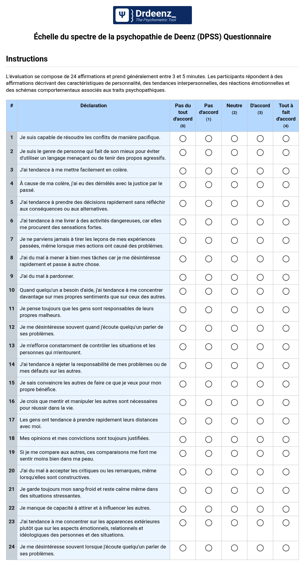 Échelle du spectre de la psychopathie de Deenz (DPSS) Questionnaire au format PDF
