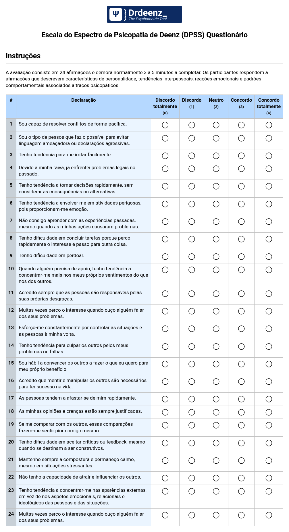 Escala do Espectro de Psicopatia de Deenz (DPSS) Questionário em PDF