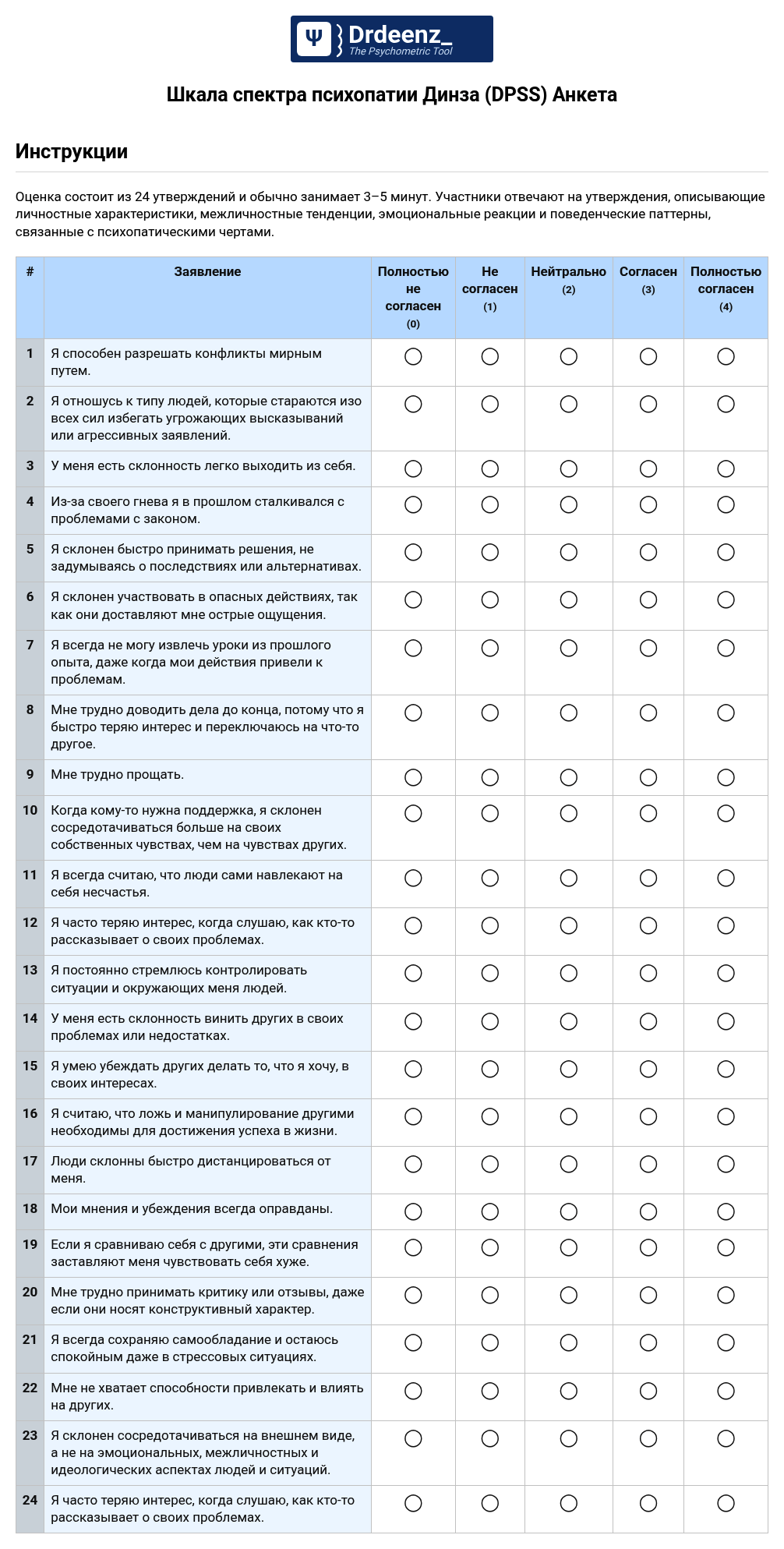 Шкала спектра психопатии Динза (DPSS) Анкета в формате PDF
