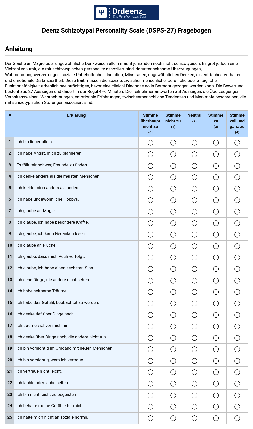 Deenz Schizotypal Personality Scale (DSPS-27) Fragebogen (PDF)