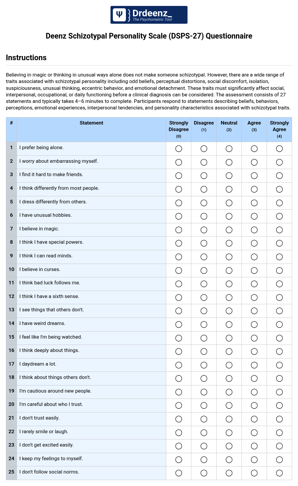 Deenz Schizotypal Personality Scale (DSPS-27) Questionnaire PDF
