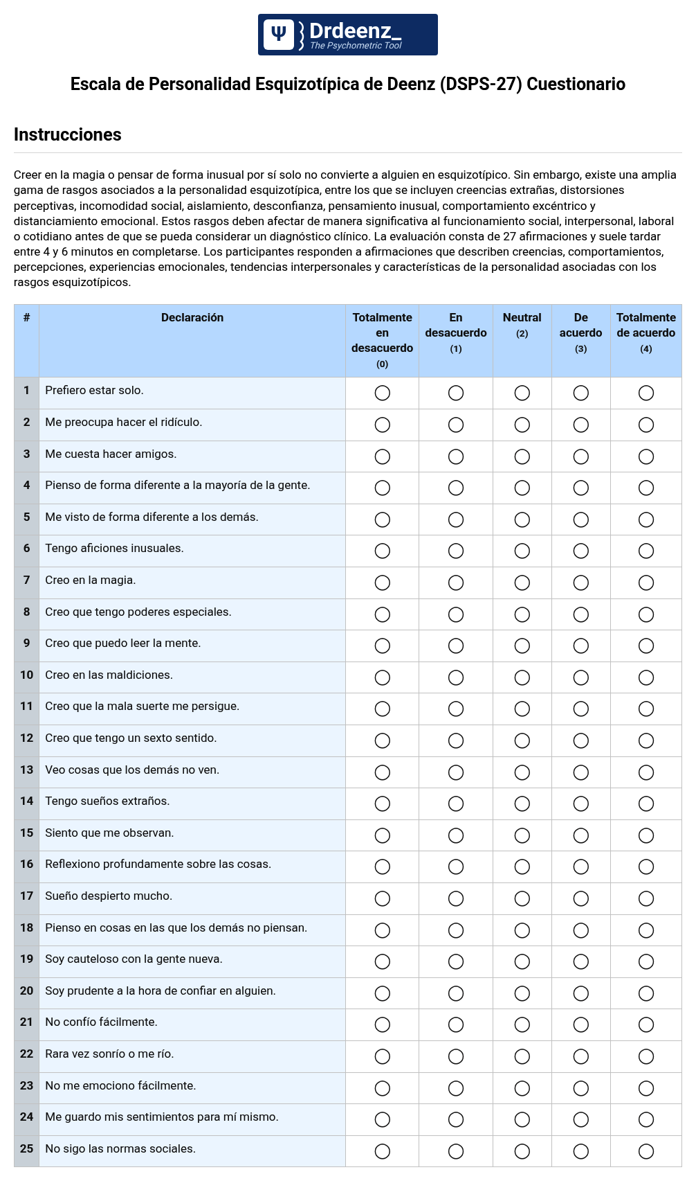 Escala de Personalidad Esquizotípica de Deenz (DSPS-27) Cuestionario en PDF