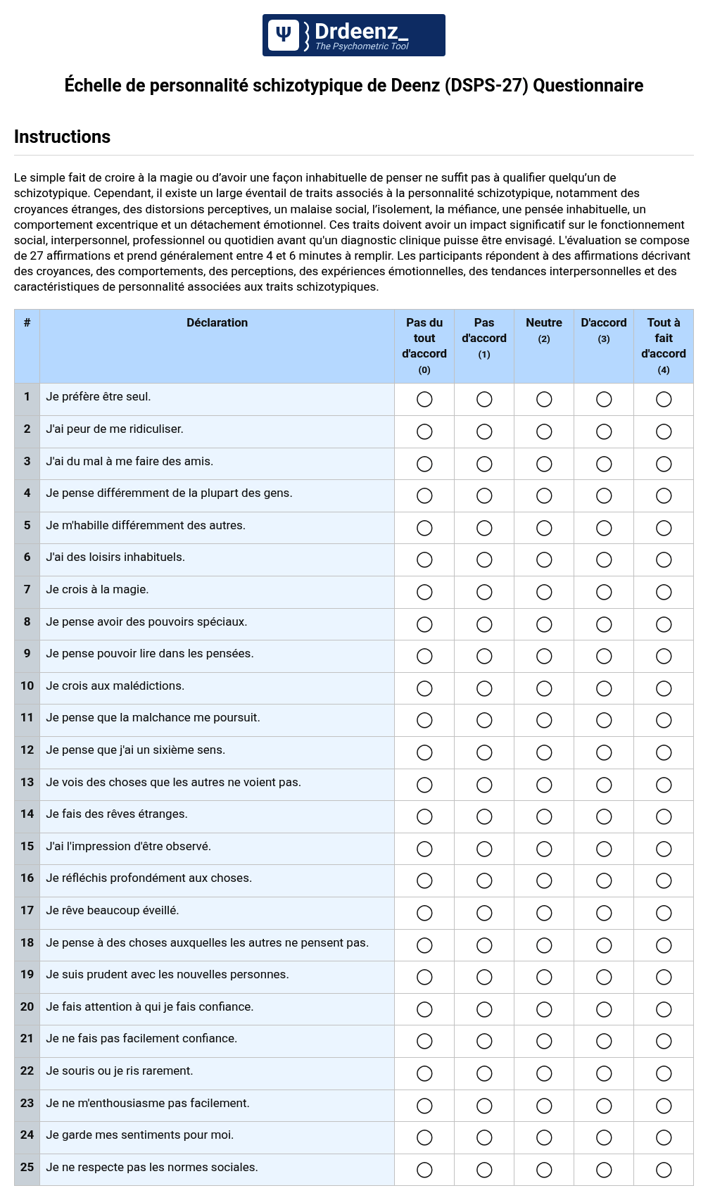 Échelle de personnalité schizotypique de Deenz (DSPS-27) Questionnaire au format PDF