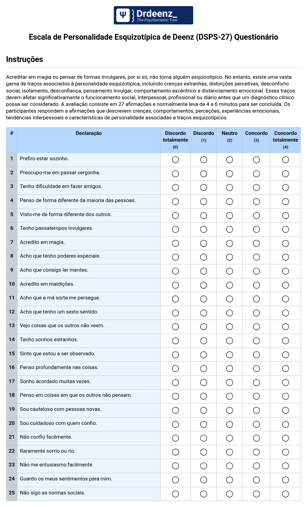 Escala de Personalidade Esquizotípica de Deenz (DSPS-27) Questionário em PDF
