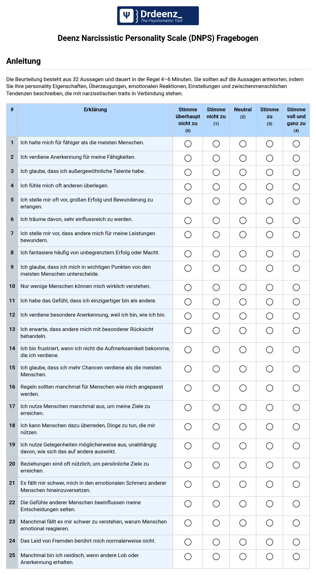 Deenz Narcissistic Personality Scale (DNPS) Fragebogen (PDF)