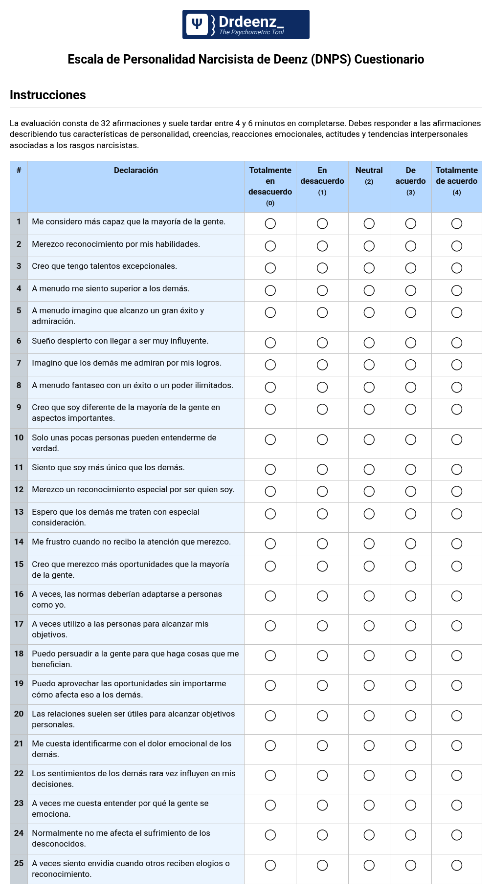 Escala de Personalidad Narcisista de Deenz (DNPS) Cuestionario en PDF