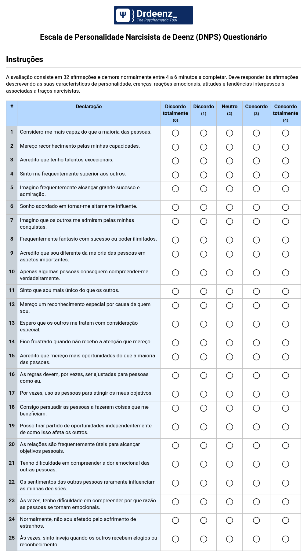 Escala de Personalidade Narcisista de Deenz (DNPS) Questionário em PDF