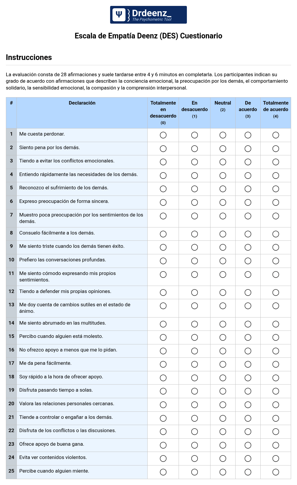 Escala de Empatía Deenz (DES) Cuestionario en PDF