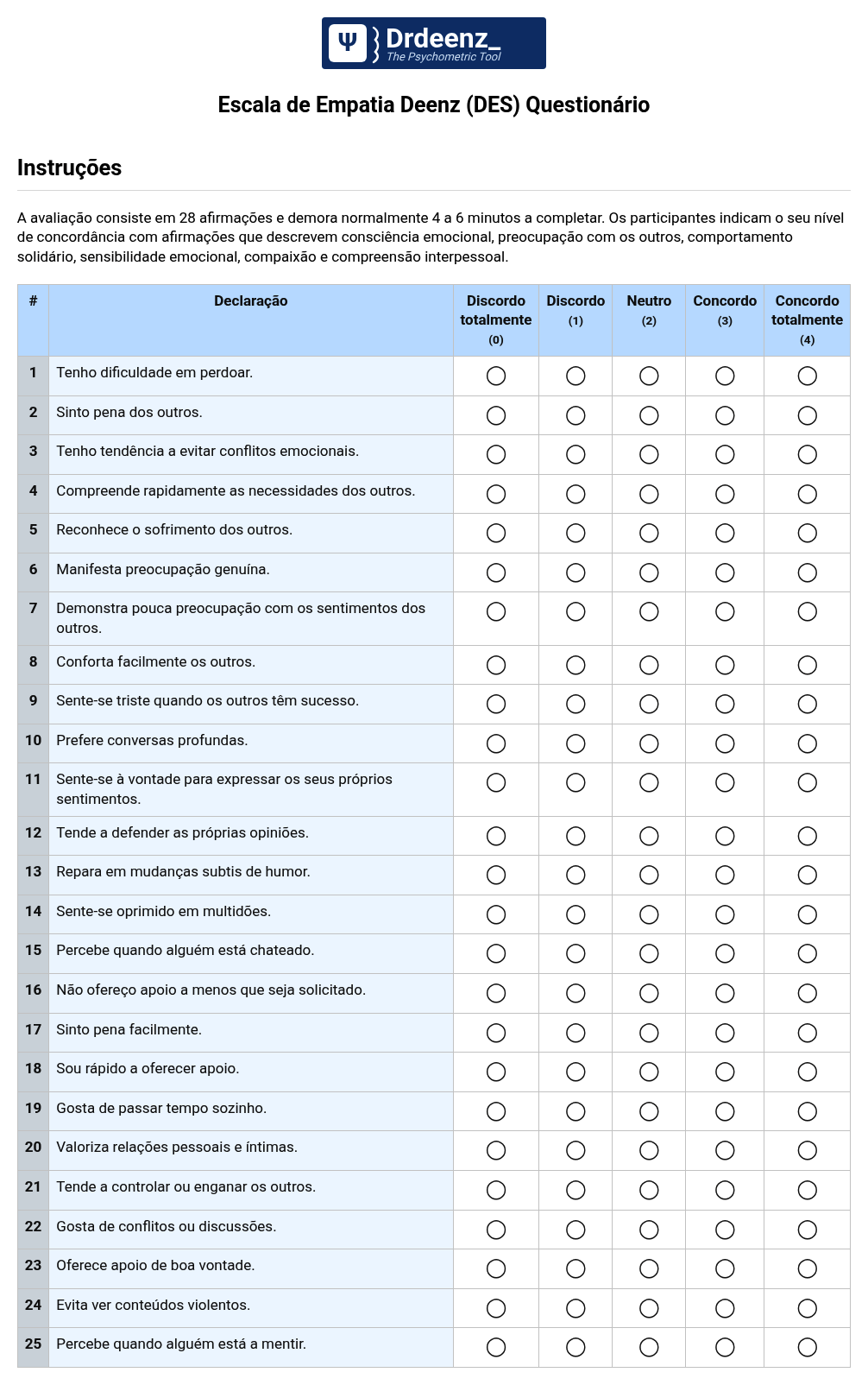 Escala de Empatia Deenz (DES) Questionário em PDF