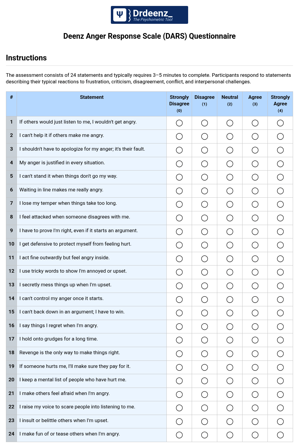 Deenz Anger Response Scale (DARS) Questionnaire PDF