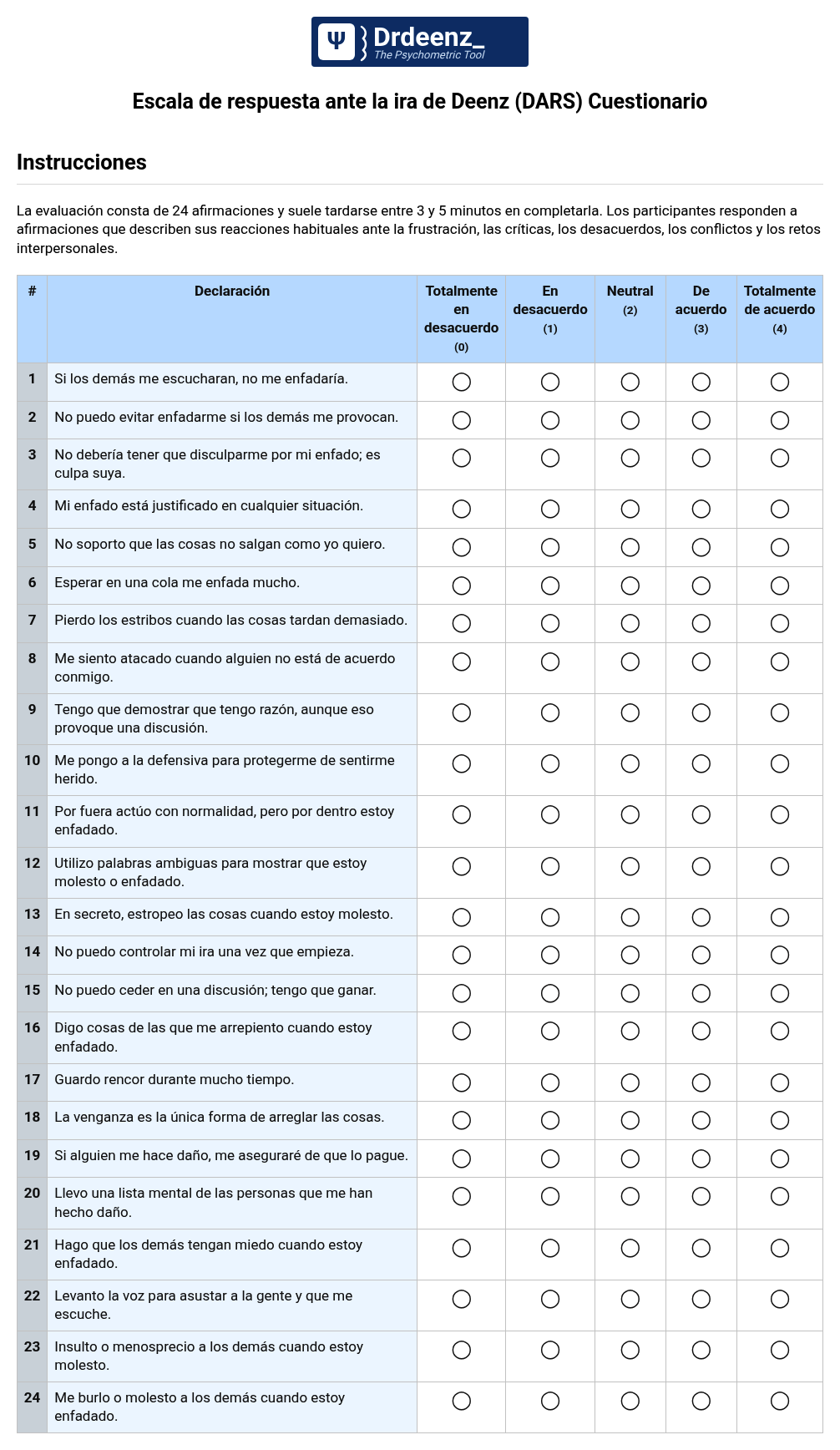 Escala de respuesta ante la ira de Deenz (DARS) Cuestionario en PDF