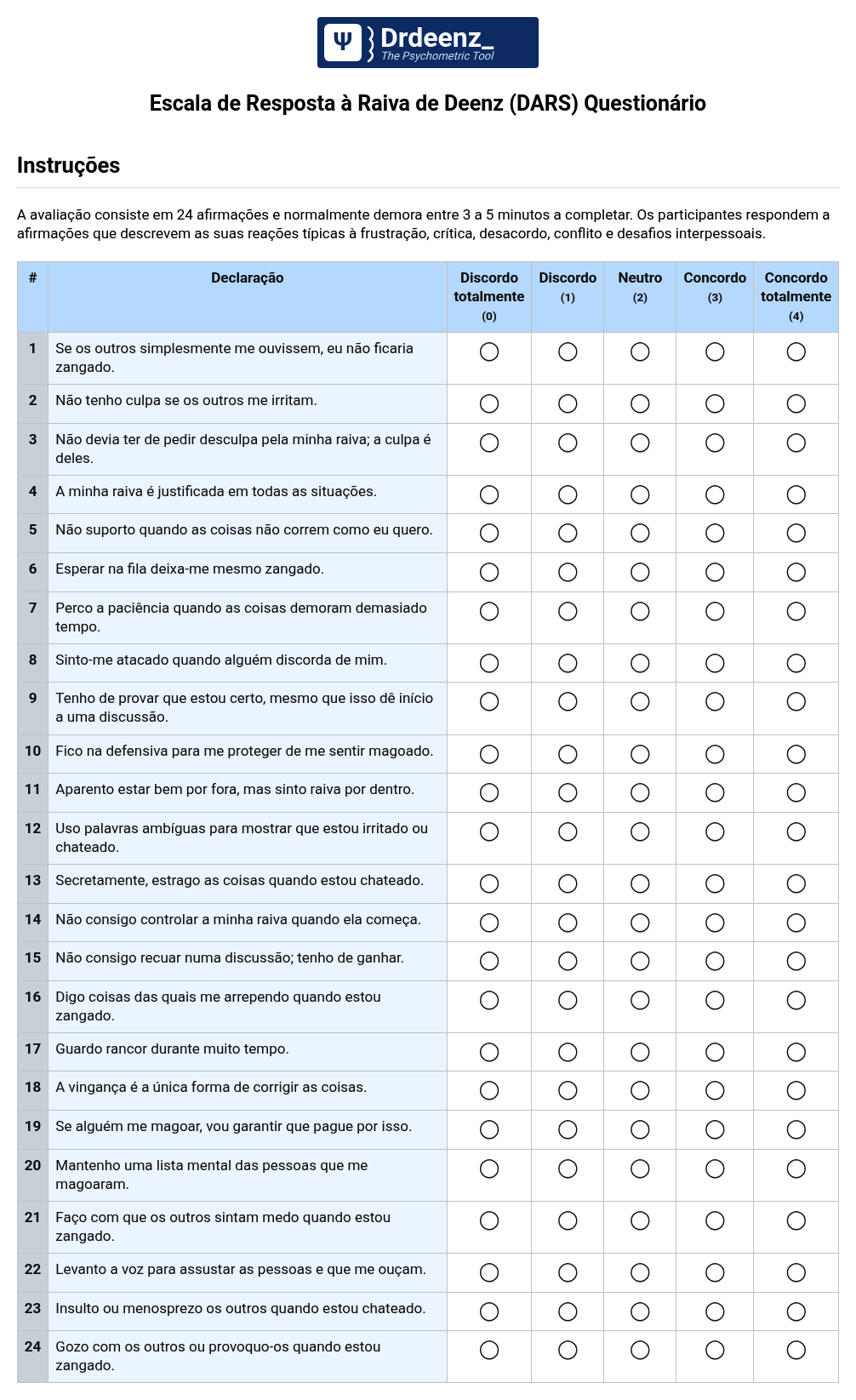 Escala de Resposta à Raiva de Deenz (DARS) Questionário em PDF