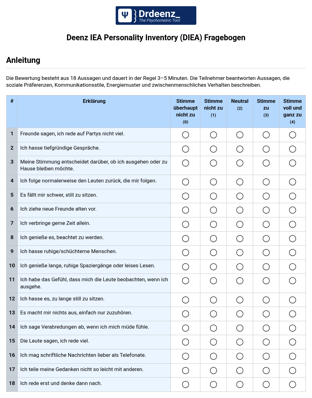 Deenz IEA Personality Inventory (DIEA) Fragebogen (PDF)