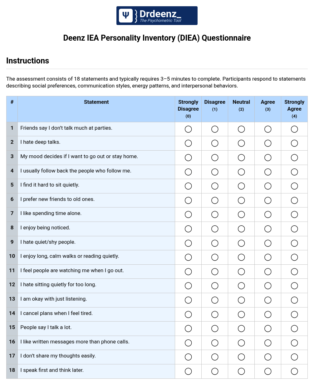 Deenz IEA Personality Inventory (DIEA) Questionnaire PDF