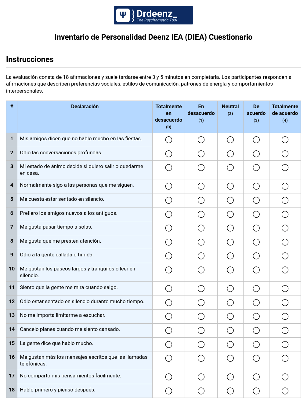 Inventario de Personalidad Deenz IEA (DIEA) Cuestionario en PDF