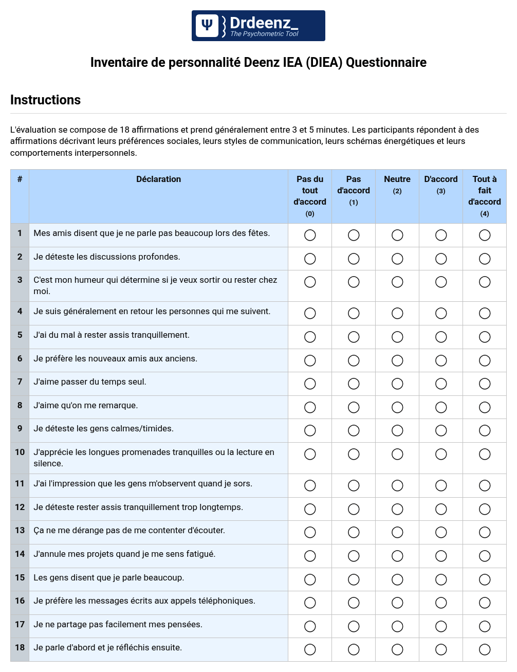 Inventaire de personnalité Deenz IEA (DIEA) Questionnaire au format PDF