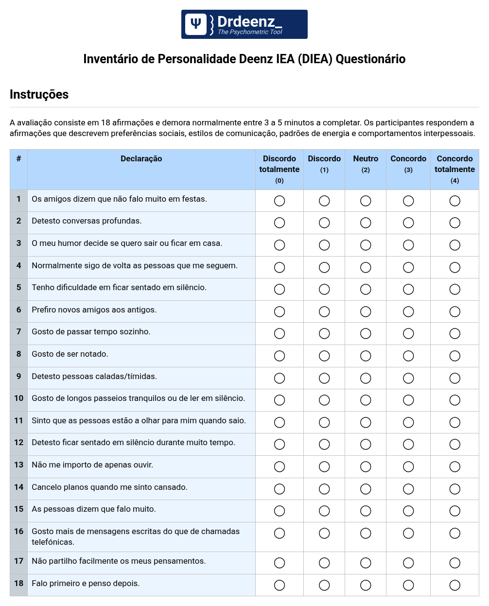 Inventário de Personalidade Deenz IEA (DIEA) Questionário em PDF